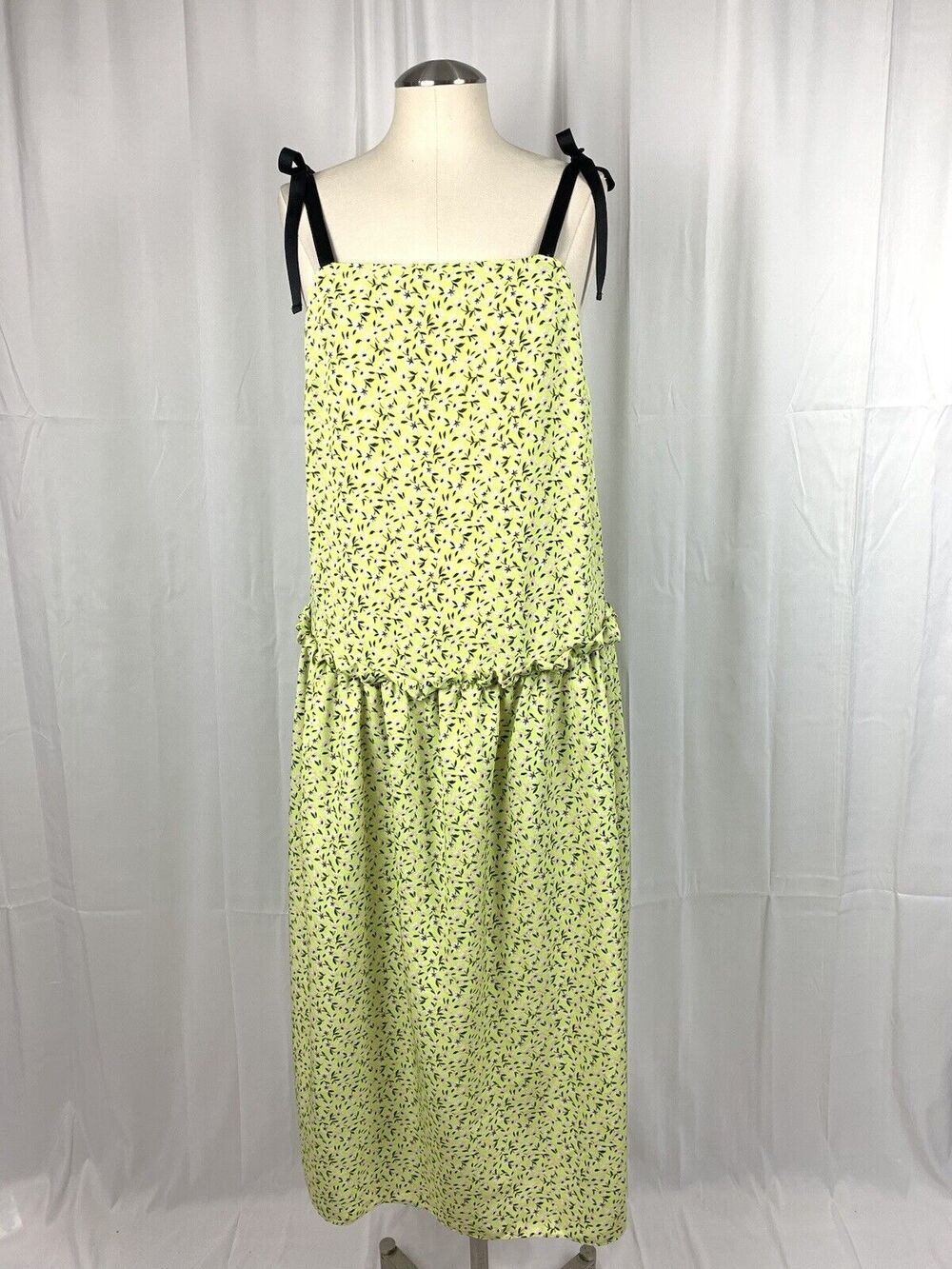 Topshop Women's Tie Strap Floral Ruffle Drop Waist Midi Maxi Dress Green Size 4